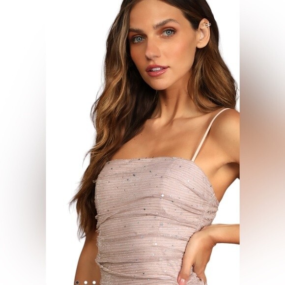 Lulus Flirty Vibes Mauve Pink Sparkly Ruched Bodycon Mini Dress Sleeveless - Picture 16 of 16